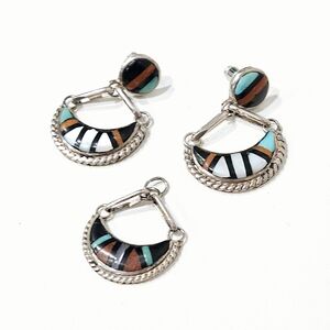 Tribal Zuni Multi Stone Sterling Silver Vintage Earrings Pendant Set Signed TRW